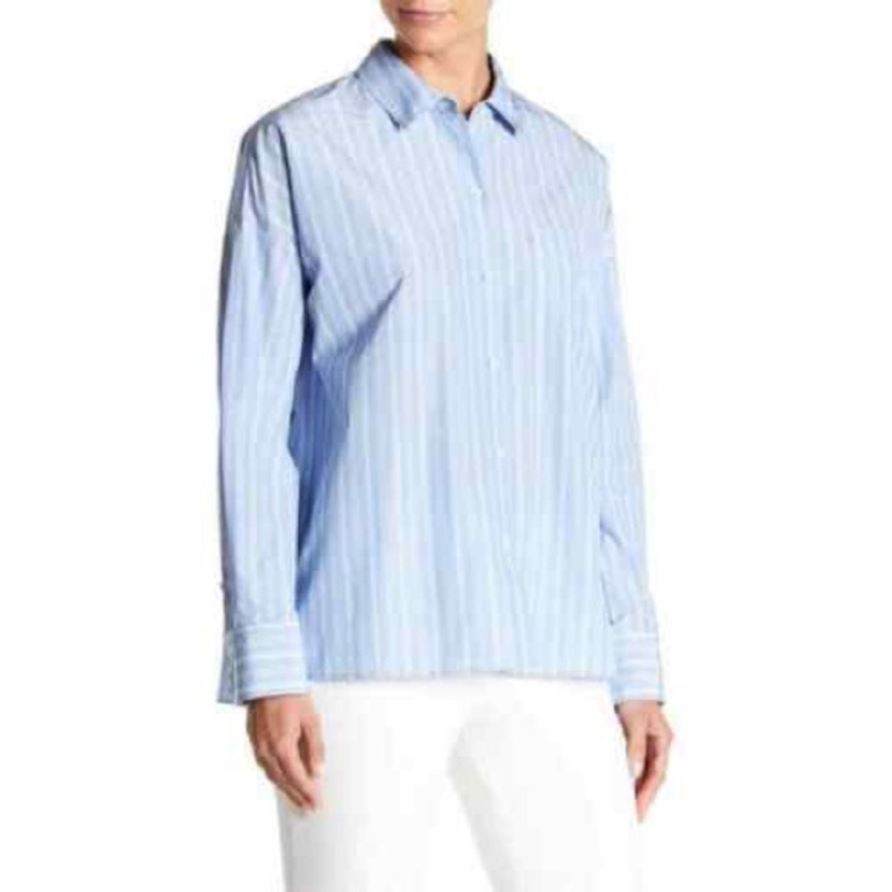 Theory Blue Lourah Cotton Tech Stripe Blouse Size P / Size 0-00 - Picture 4 of 12
